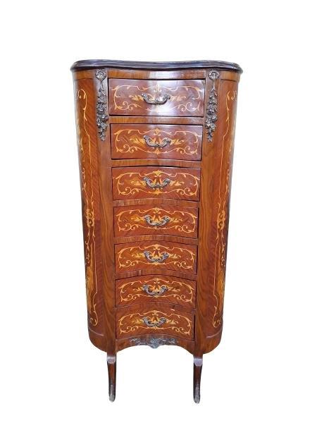 A French Louis XV Style Walnut & Marquetry Inlaid Semainier/Wellington Kidney shaped Chest of Drawers
