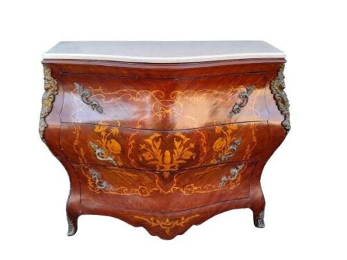 A French Louis XV Style Walnut & Marquetry Inlaid Bombe Chest Of Drawers With Gilt Metal Mounts / Ormolu And Cream Marble Top