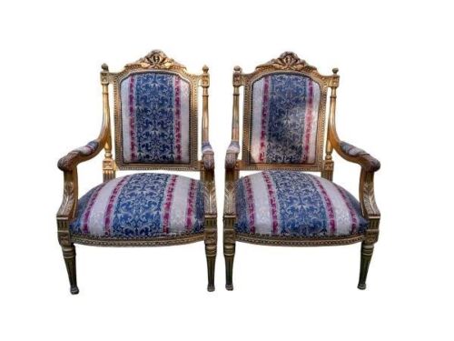 A French Style Pair of Ornately Carved Giltwood Armchairs Upholstered in Original Fabric