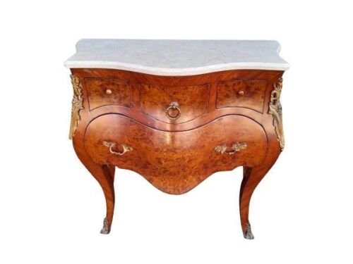 A French Louis XV Style Walnut & Mahogany Bombe Chest Of Drawers With Gilt Metal Mounts / Ormolu And Marble Top