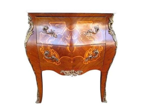 A French Louis XV Style Walnut & Marquetry Inlaid Bombe Chest Of Drawers With Gilt Metal Mounts / Ormolu And Marble Top