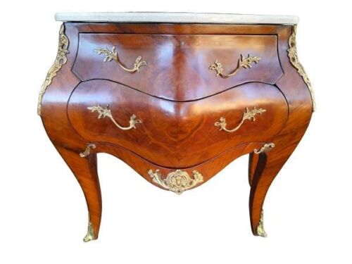 A French Louis XV Style Walnut & Mahogany Bombe Chest Of Drawers With Gilt Metal Mounts / Ormolu And Marble Top