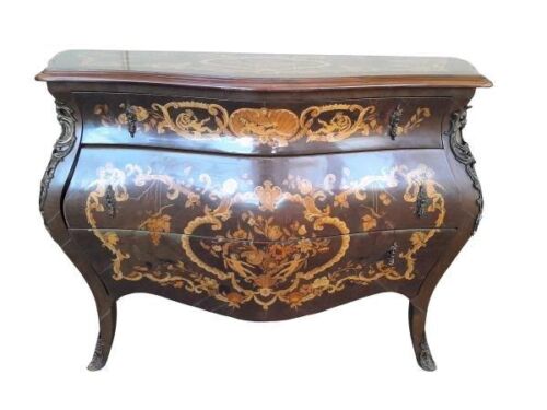 A 20th Century French Rococo Style Marquetry Bombe Chest Of Drawers With Gilt Metal Handles