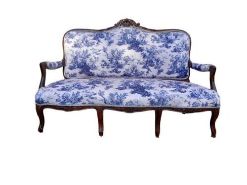 A French Style Ornately Carved Wooden Settee Upholstered in Blue and White Toile Fabric
