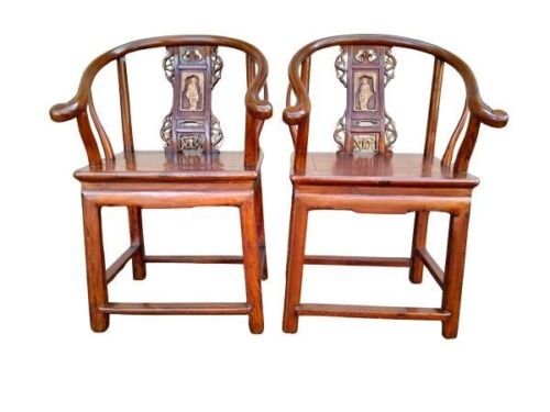 An Early 20th Century Pair or Elmwood Oriental Armchairs