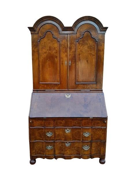 Early 18th Century/Circa 1740  Antique Dutch Double Dome Burr Walnut Cabinet With Inlaid Drawers And Drop Down Bureau Front With Gilt Brass Mounts