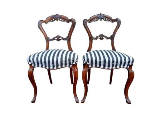 An Antique / Circa 1880s Victorian Pair of Carved Mahogany Chairs 