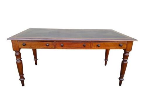 An Antique Circa 1900  Mahogany Library Table/Desk  With Tooled Leather Top And Drawers