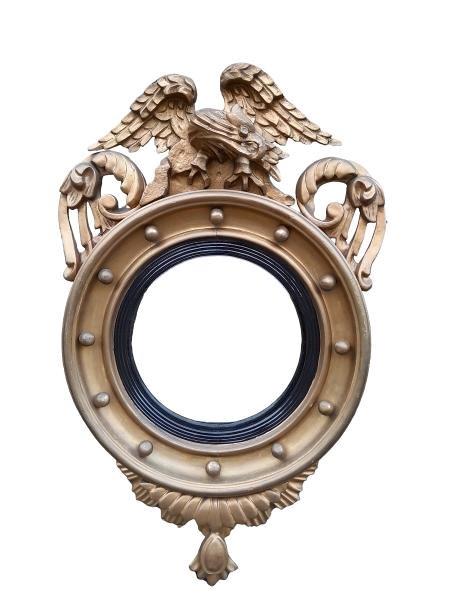 An Antique Regency Circular Eagle Convex Giltwood Mirror With Eagle
