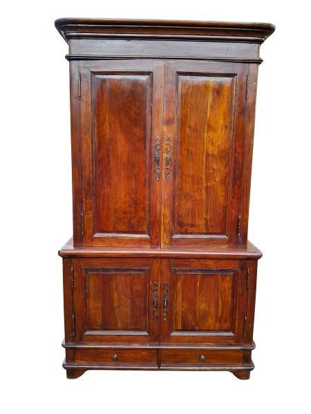 A 20th Century French Country Style Acacia Wood Drinks Cabinet / Linen Press / TV Cabinet With Shelves In The Top  And Bottom And Two Drawers