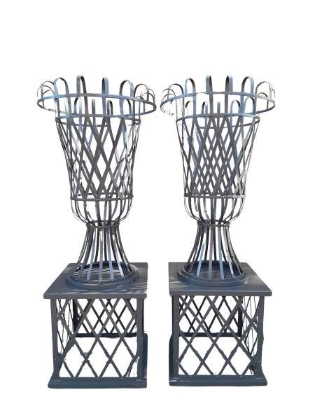 A Pair of Large Custom-Made for The Crown Collection Pair of Wrought Iron Urns on Plinths  Charcoal Finish