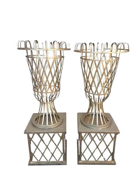 A Pair of Large Custom-Made for The Crown Collection Pair of Wrought Iron Urns on Plinths   Antique Gold Finish