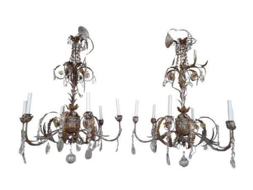 A 20th Century Pair Of Six Light Toleware Crystal Chandeliers