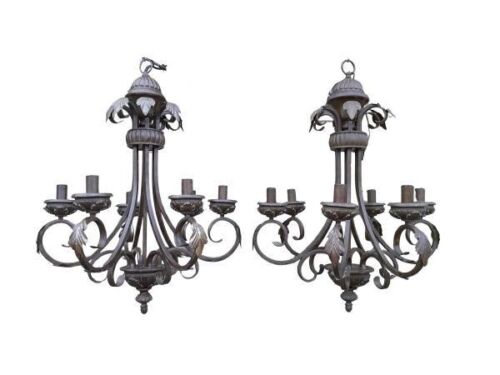 A 20th Century Pair Of Bronze Patinated Six Light Chandeliers