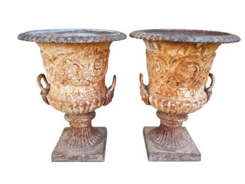 A 20th Century Pair Of French Cast Iron Urns With Handles Nd