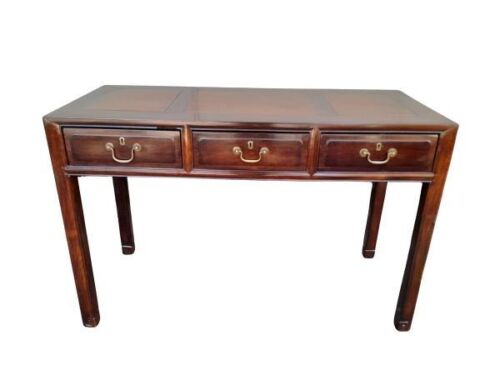 A 20th Century Chinese Red Elmwood Writing Table With Three Drawer And Brass Handles