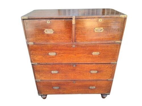 An Antique 1900s Circa 1890s Victorian Military Teak Campaign Chest With  Brass Hardware