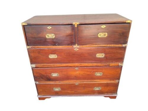 An Antique 19th Century Circa 1880s Victorian Mahogany Military Campaign Chest With Brass Hardware