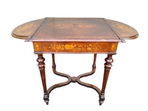 An Antique 19th Century Circa 1860s French Napoleon III Marquetry Rosewood Drop Leaf Table