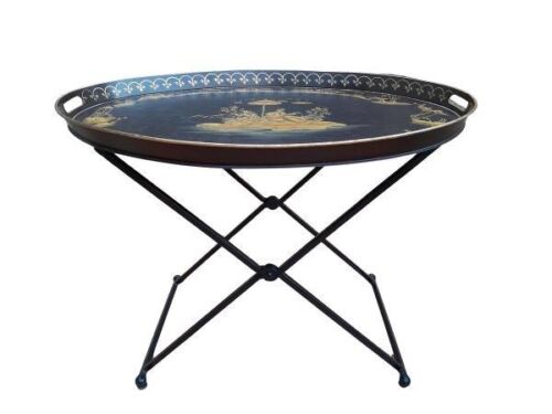 A 20th Century Chinoiserie Tole Painted Tray With Handles  On Stand