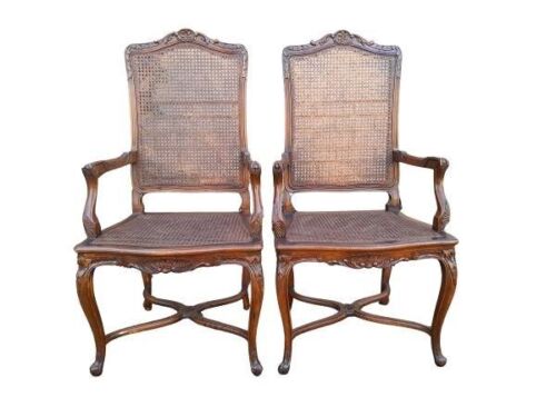 An Antique 19th Century French Pair Of Louis XV Style Carved Walnut Rattan Armchairs