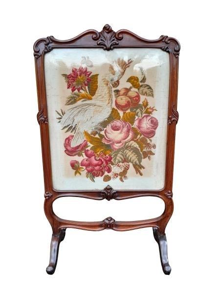 An Antique Victorian Carved Rosewood With Needle-Work Screen