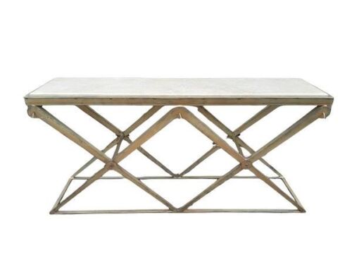 A Wrought Iron Console  /  Drinks  /  Entrance Table in an Antique Gold Finish with Cream Marble Top - Custom-Made For The Crown Collection 