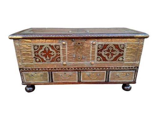 An Antique 19th Century Zanzibar Teak Chest With Brass Mounts Handles And Studs