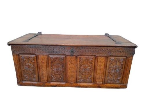 An Antique 18th Century Rare Carved Oak Kist With Original Forged Iron Hinges