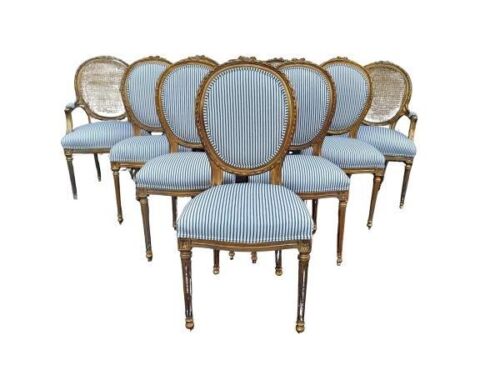 A 20th Century French Style Imported Set Of Ten Gilded Dining Chairs Comprising: Two Carvers   /   Armchairs With Rattan Backs And Eight Dining Chairs