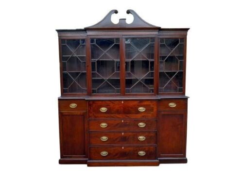 An Antique 19th Century Flame Mahogany Georgian- Style Secretaire Bookcase With Gilt Tooled Leather Writing Surface With Drawers And Cupboards
