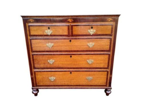 A 20th Century Georgian-Style Oak And Mahogany Inlaid Chest Of Drawers With Brass Handle