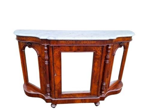 An Antique 19th Century Victorian Walnut Credenza / Server / Drinks Cabinet With Marble Top