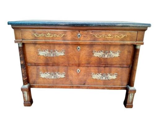 A 20th Century Empire-Style Mahogany Chest Of Drawers Commode With Brass Mounts With Granite Top