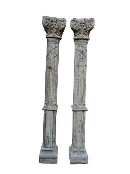 An Antique 19th Century Pair Of Carved Columns On Stone Bases