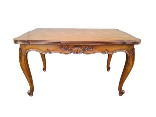 A 20th Century French Style Carved Draw-Leaf Walnut Dining Table With Inlay-Parquetry