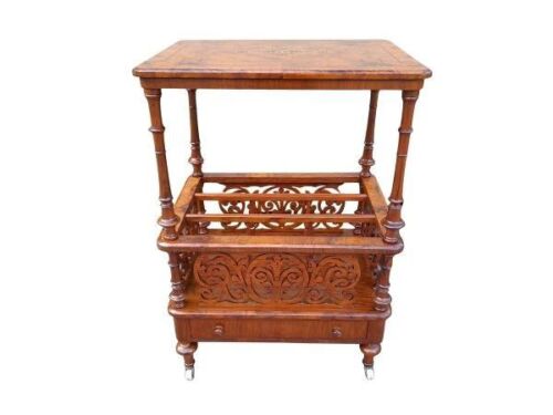 A 20th Century Victorian Marquetry And Inlaid Burr Walnut Canterbury / Drinks Holder With Drawer