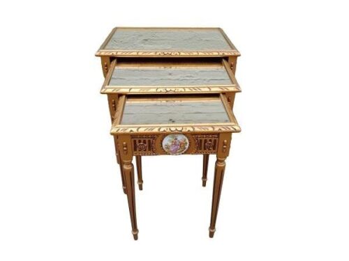 A 20th Century Louis XVI Style Gilded Nest Of Table With A Limoge Porcelain  Plaque