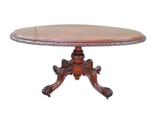 An Antique 19th Century Victorian Burr Walnut Tilt Top Table With Brass Castors
