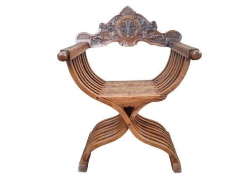 An Antique 19th Century Ornately Carved Walnut Savonarola Armchair