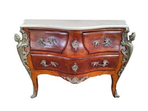 A 20th Century French Louis XV Style Walnut And Mahogany With Brass Mounts Chest Of Drawers / Commode With A Cream Marble Top