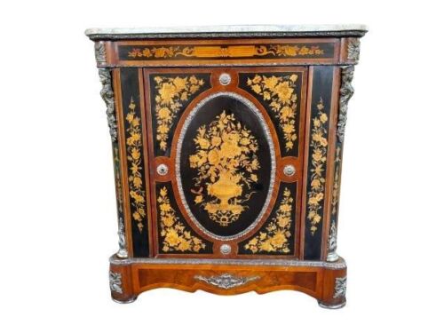A 20th Century French Louis XVI Style Walnut Ebonised And Painted Cabinet With Marble Top