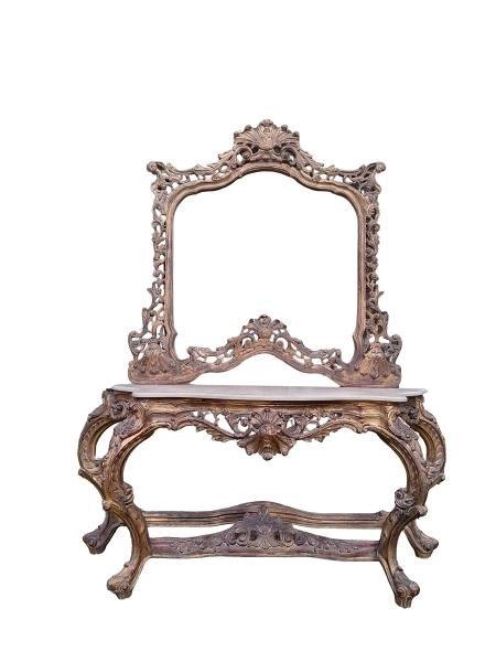 A 20th Century  Rococo Style Giltwood Console Table And Mirror With A Cream Marble Top And Good Patina
