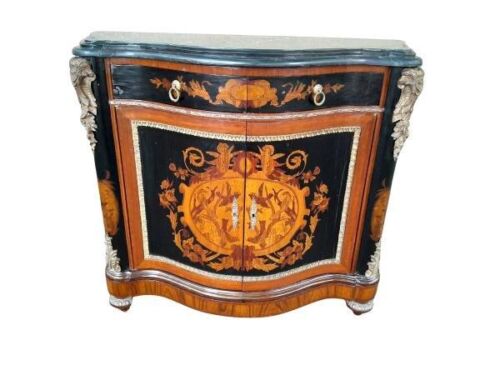 A 20th Century French Napoleon II Style Marquetry Cabinet Ebonised And With Marble Top And Gilt Metal Mounts