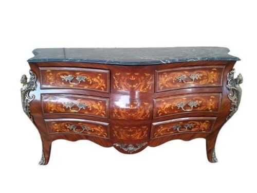 A 20th Century French Louis XV Style Rosewood Marquetry Gilt Metal Bombe Chest Of Drawers / Commode With Marble Top