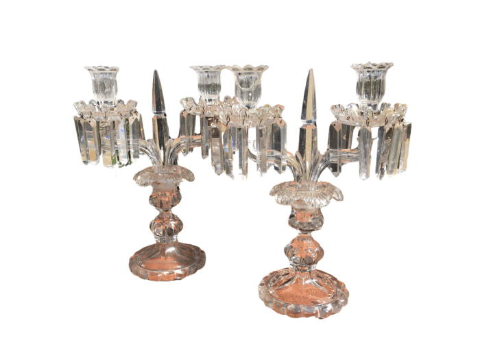 Pair Glass Lustre Candelabras (chip on cup/holder)