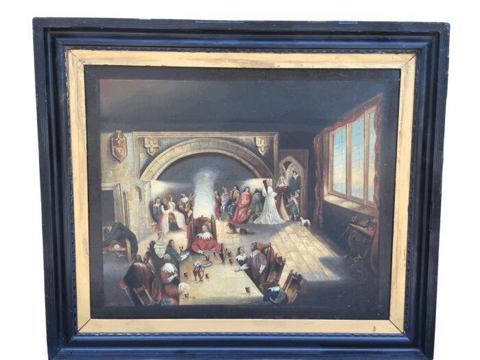 Antique 19th Century Oil Portrait Painting of a Kings Banquet