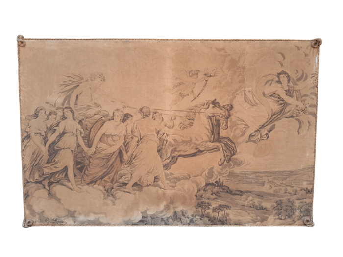 An Antique Tapestry of Aurora Leading the Carriage of Apollo Surrounded by Hours (after Reni) stretched on a Wooden Frame