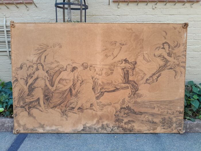 An Antique Tapestry of Aurora Leading the Carriage of Apollo Surrounded by Hours (after Reni) stretched on a Wooden Frame - Image 3