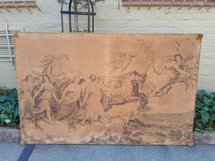 An Antique Tapestry of Aurora Leading the Carriage of Apollo Surrounded by Hours (after Reni) stretched on a Wooden Frame - Image 4
